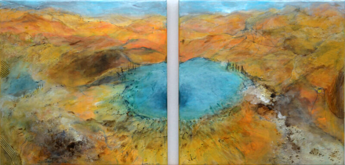 Bergsee, Mischtechnik, zweiteilig, je 40x40cm