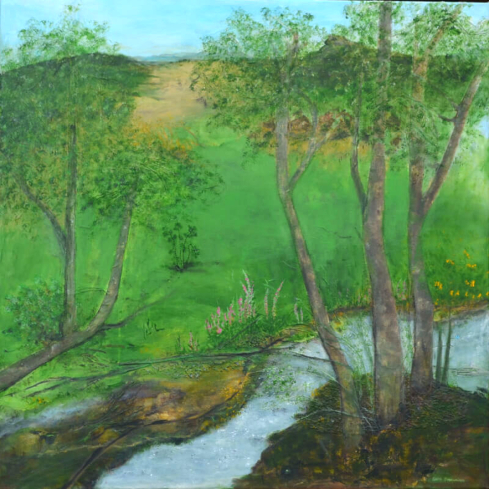 Flussaue nach dem Regen, Mischtechnik, 100x100cm