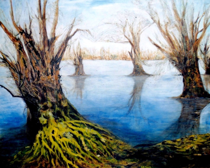 Hochwasser in den Rheinauen, Mischtechnik, 120x150cm