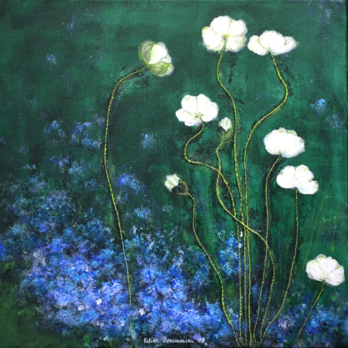 Mohn und Vergissmeinnicht, Mischtechnik, 40x40cm