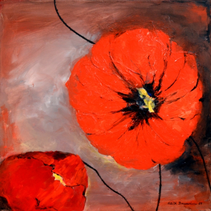 Mohnblueten, Mischtechnik, 50x50cm