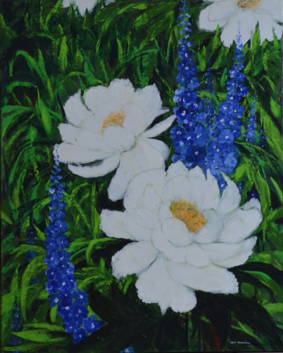 Peoinen und Ritterspron, Acryl Spachtel, 100x80cm